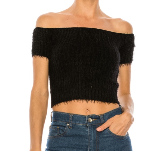 Black Off-Shoulder Fuzzy Short Sleeve Crop Top - Picture 1 of 4